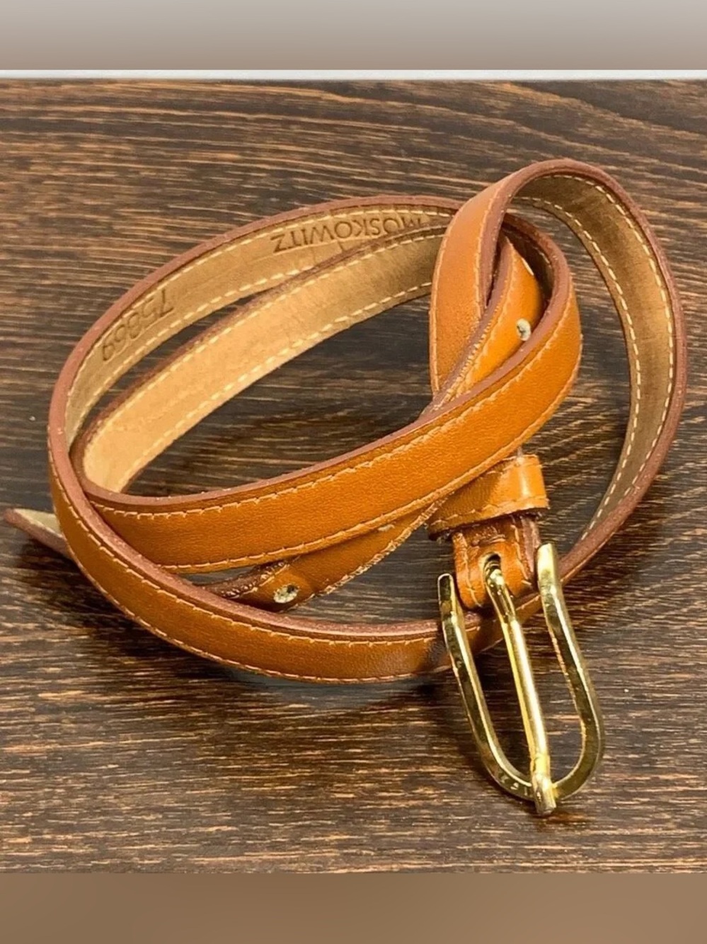VTG Designer Skinny Orange Leather Belt Gold Trim Size S